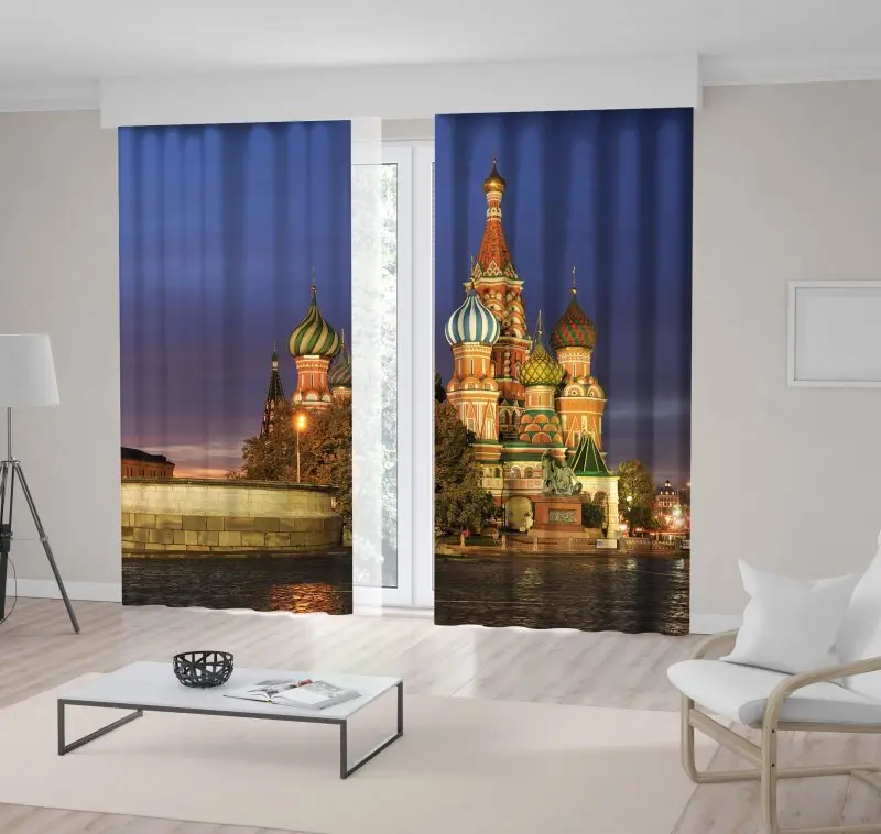 

Curtain Red Square and Saint Basil's Cathedral in Moscow, Russia Sunrise at Historic City Landmark Blue Green