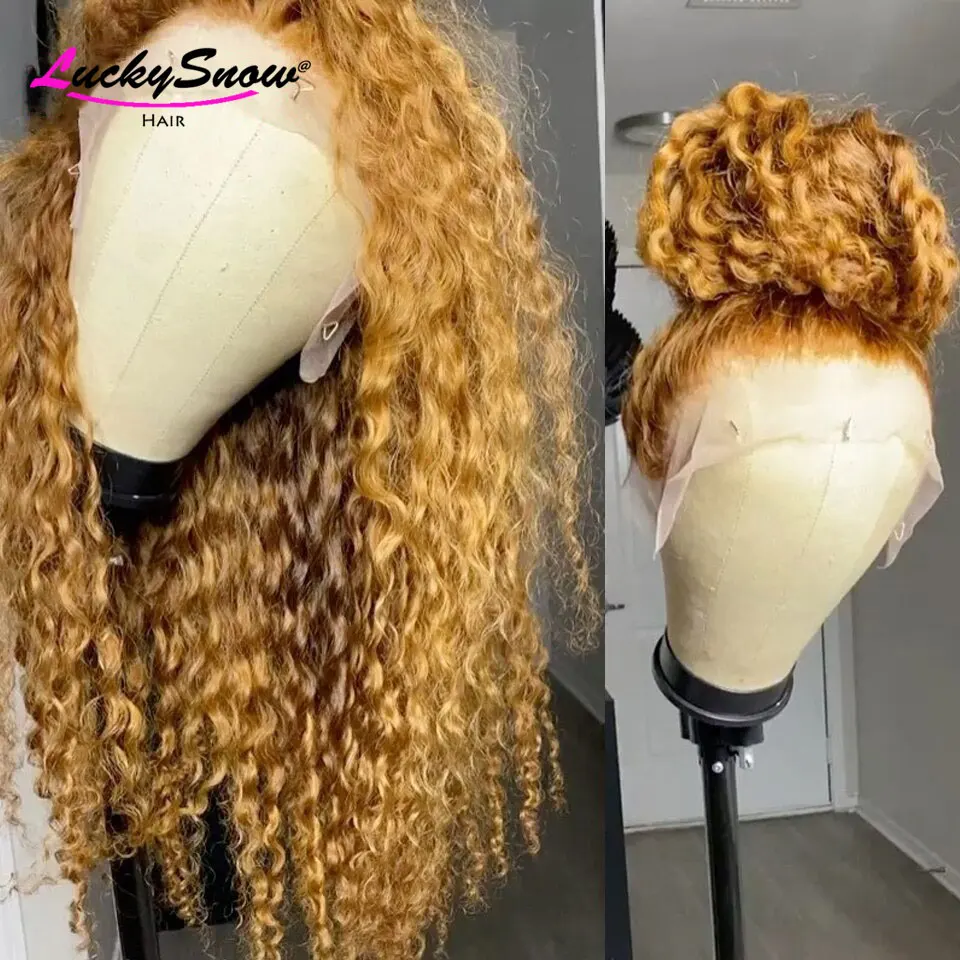 #27 Honey Blonde Lace Front Wig Brazilian Remy Water Wave Human Hair Wigs For Women HD Transparent 180% | Шиньоны и парики