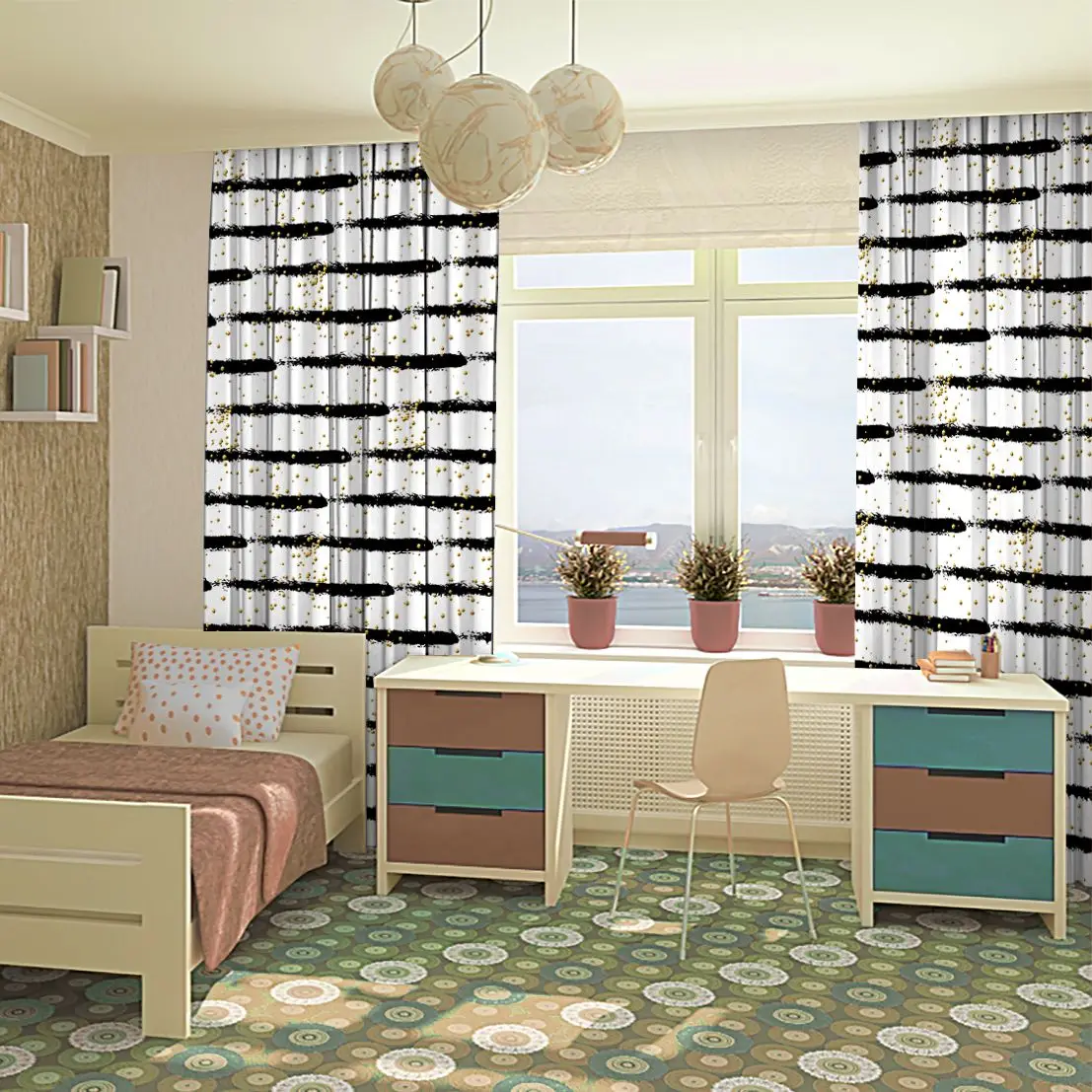 Занавес абстрактный узор с золотыми точками на черно белые полосы Современное