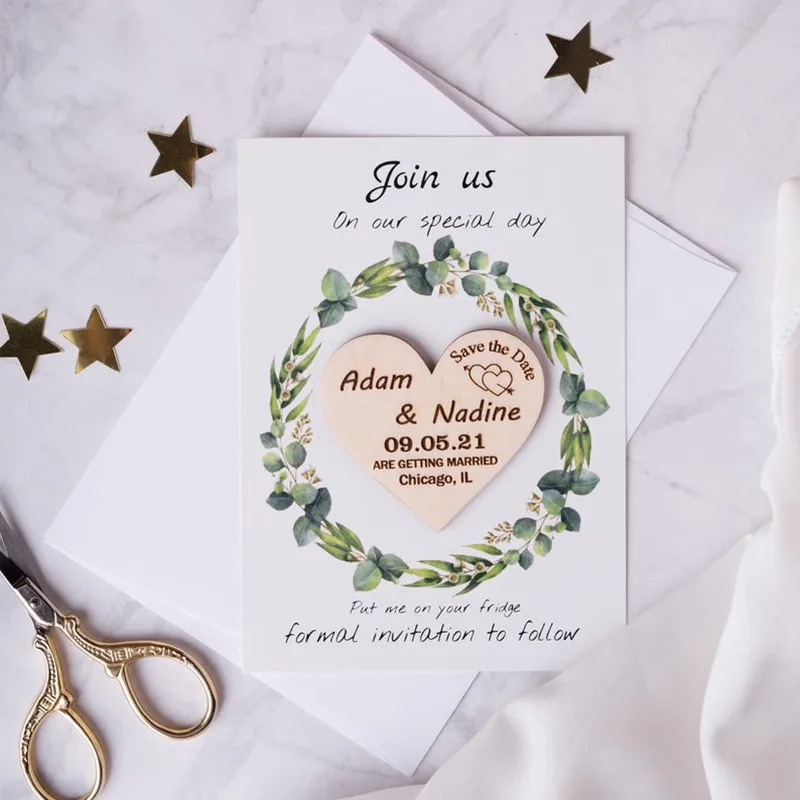 Сердце сохранить дату магнит с картами деревенский круглый свадебные деревянные