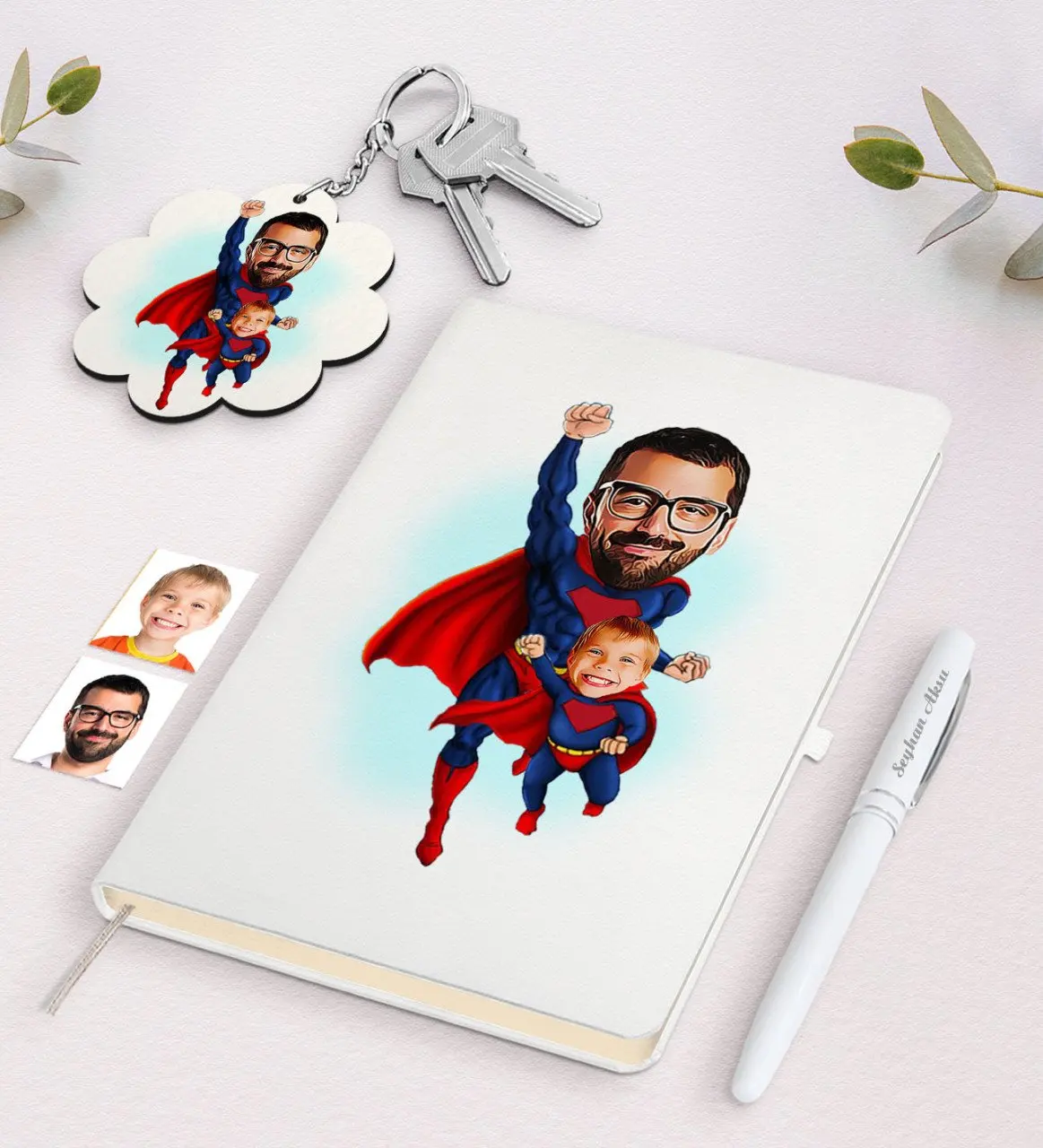 

Personalized Super Dad and Son Caricature Of White Notebook pen And Keychain Gift Set Log souvenir Gift Moment reliable