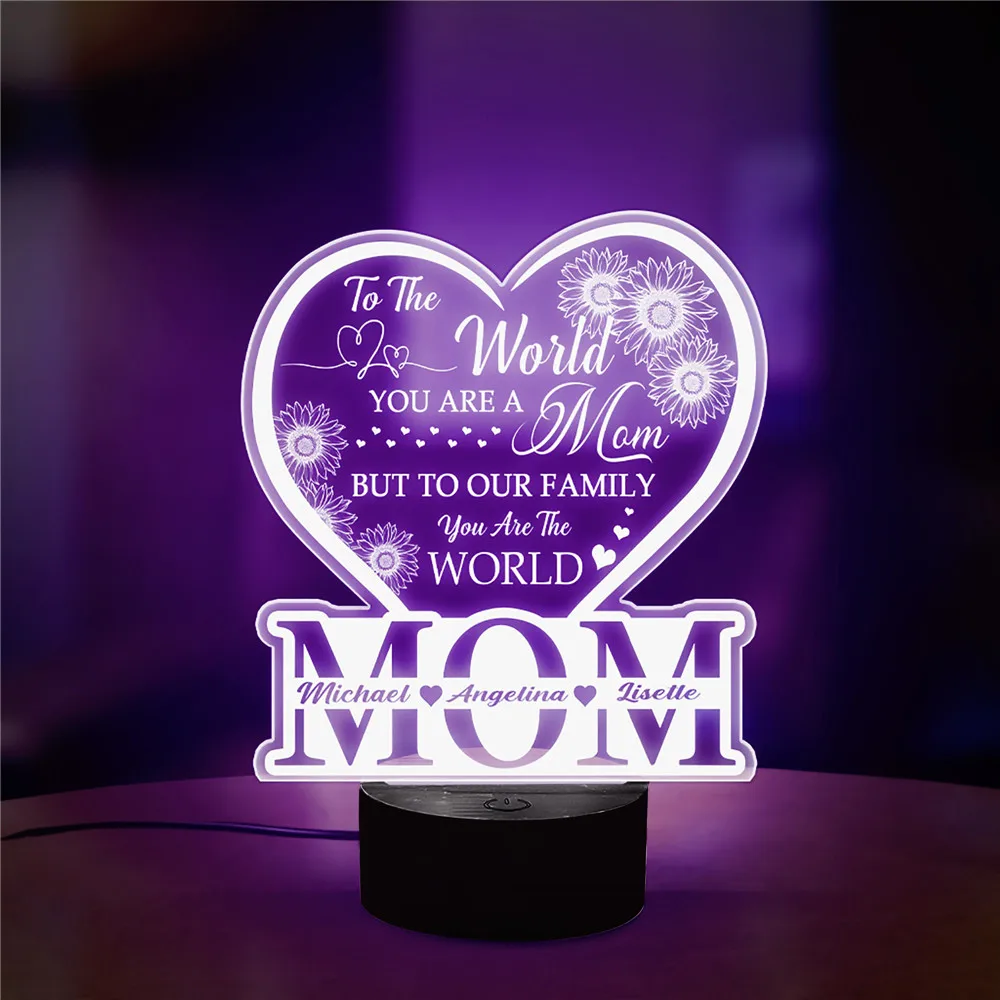 

Happy Mother's Day Heart Shape Led Night Light Custom Name Mom Sunflowers to Our Family You Are the World Colorful Neon Sign