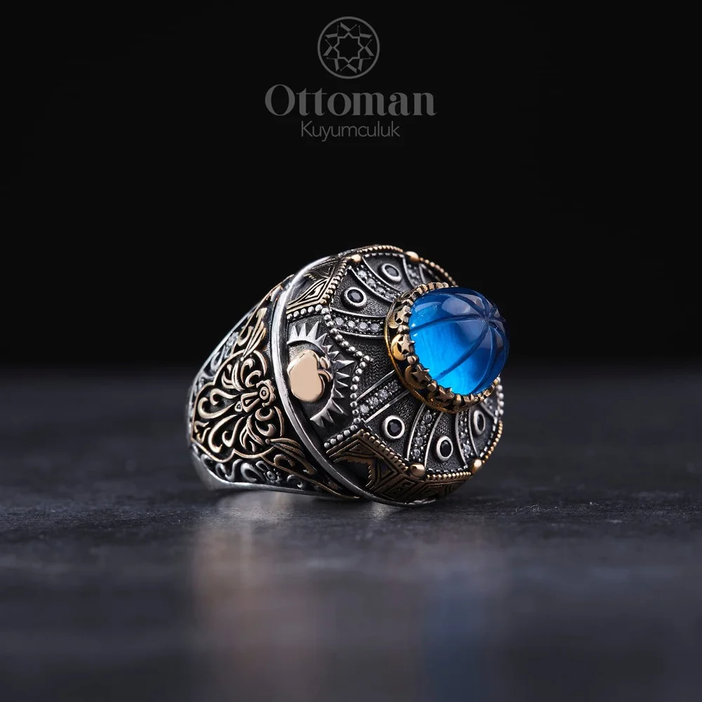 925 Carat Adjustable Turkish Handmade Ottoman Jewelry Silver Ring With Blue Amber Stone Islamic Gift For Him