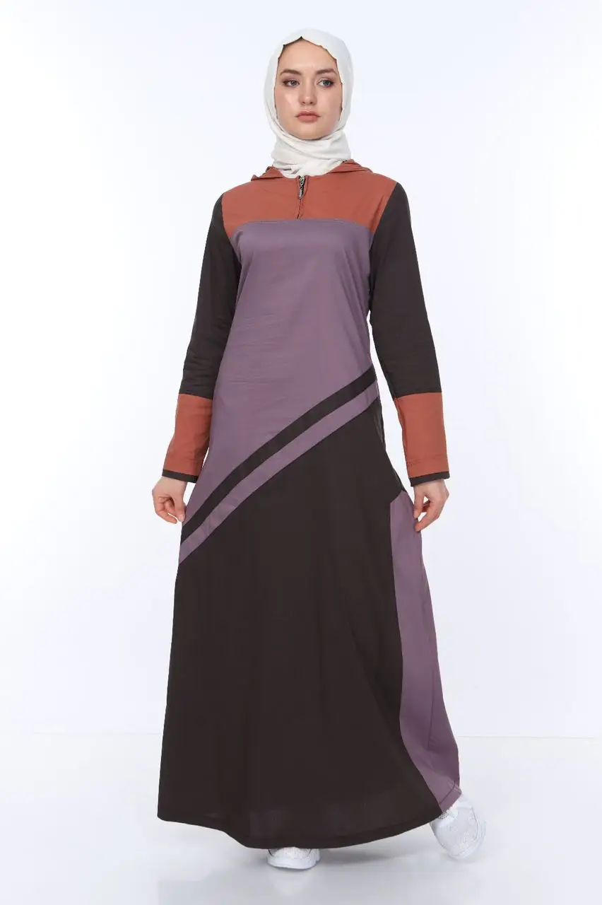 

Long Summer Cotton Fabric Hooded From Turkey Islamic Women Clothing Sport Stile Turkish DressSide Pockets With Diagonal Lines