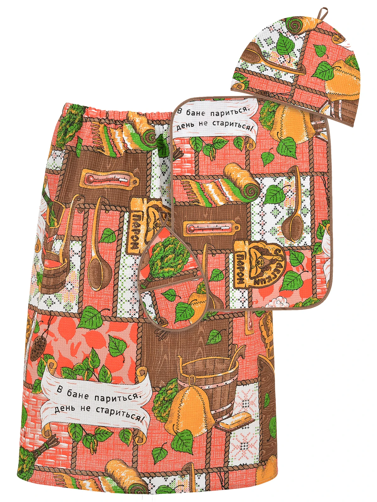 Набор четырехпредметный Сауна КИЛТ ШАПКА КОВРИК-СИДЕНИЕ УХВАТКА 100 % хлопок