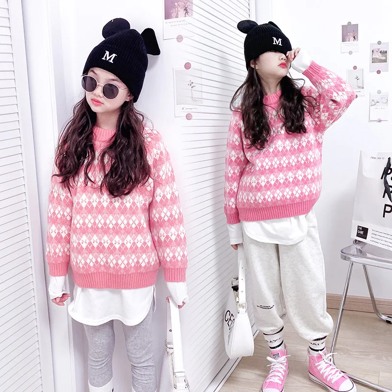 

Sweater for Girls Winter Thick Pink O-neck Knitted Pullover Fashion All-match Princess Sweater Casual 13 14 Years Children Tops