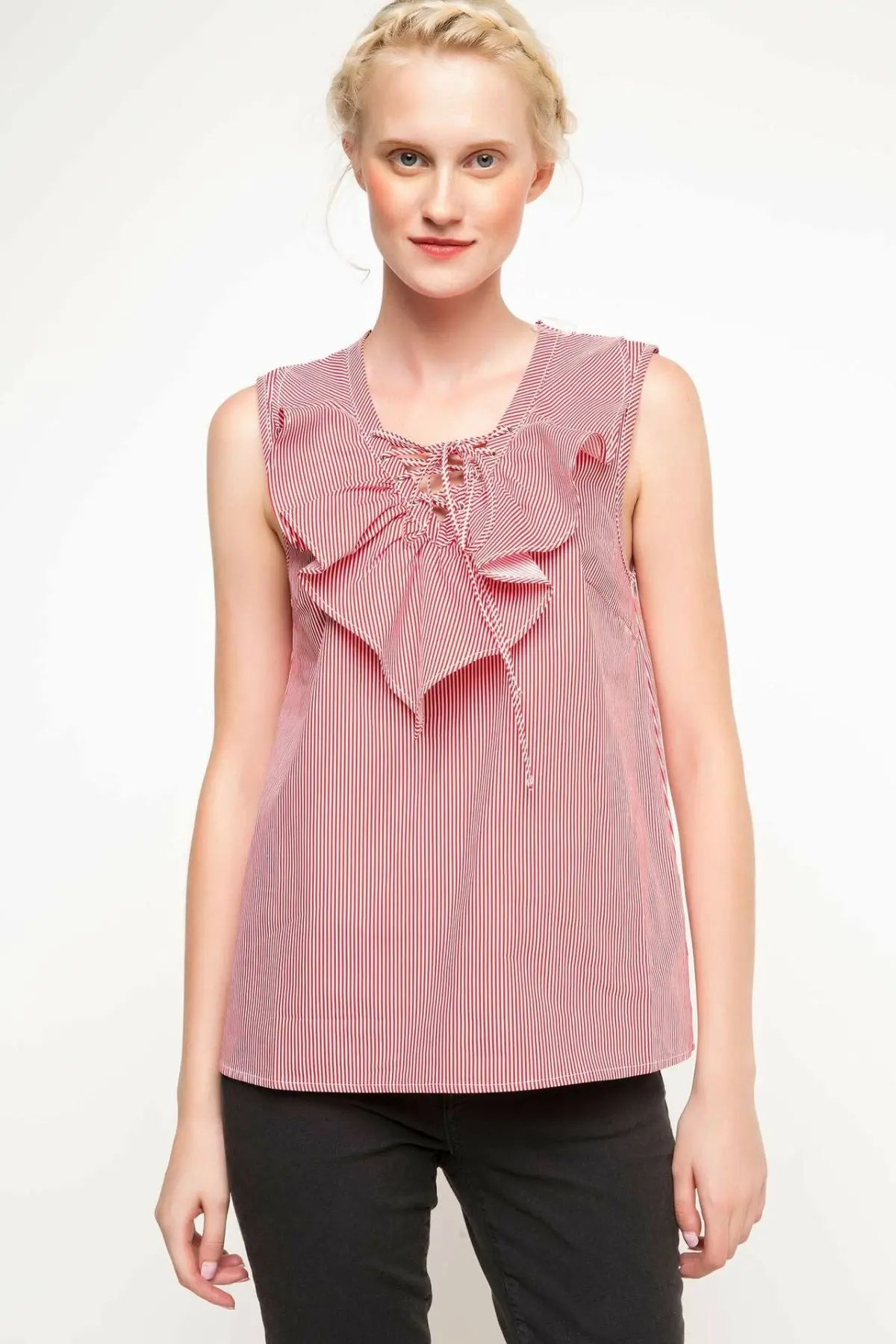 DeFacto летняя модная женская блузка без рукавов Свободная рубашка с круглым