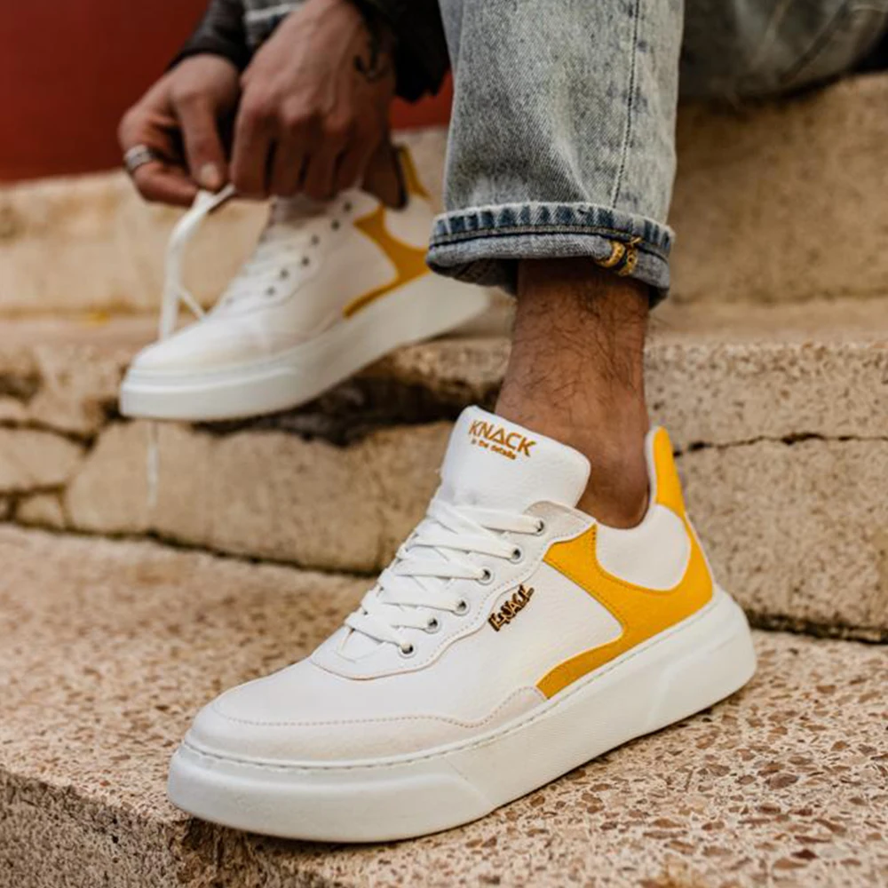 

Knack Men's Shoes White and Yellow Artificial Leather Lace Up Mixed Color Sneakers For Autumn 2021 Non-Leather Casual Shoes Men Shoes Shoes For Men With Free Shipping Mens Shoes Casual Men Sneakers Summer Shoes R10