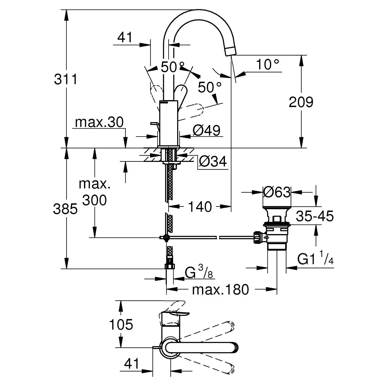 Смеситель для раковины GROHE BauEdge с донным клапаном L-Size хром (23760000) |