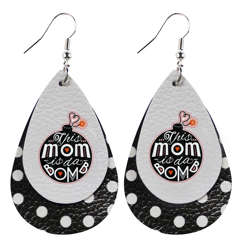 

2021 Trend Leather Earrings Cute Mother's Day Mom Da Bomb Modern Typography
