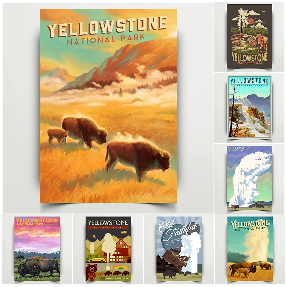 

Yellowstone National Park Landscape Art Prints Grand Prismatic Spring And Bison Family Poster And Prints Home Decor Wall Art