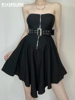 iamsure sexy solid a line dress with sashes slim slash neck zipper sleeveless mini dresses for women 2022 summer fashion ladies