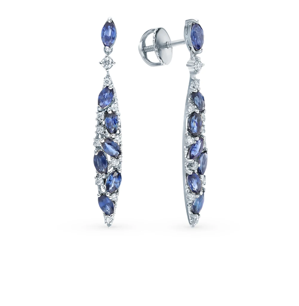 Золотые серьги с сапфирами и бриллиантами SUNLIGHT проба 585|Серьги-подвески| |