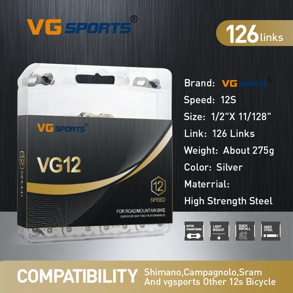 

VG Sports Bicycle Chain 12 Speed Chain 126 Links 1/2in x11/128 Mountain Bike Chain Carbon Steel Bike Chain Bicycle Chain Silver
