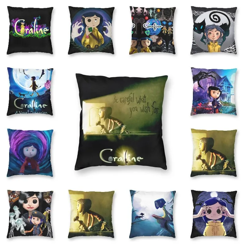 

Coraline Poster Art Cushion Cover 45x45cm Decoration 3D Printing Horror Movie Throw Pillow for Living Room Double-sided