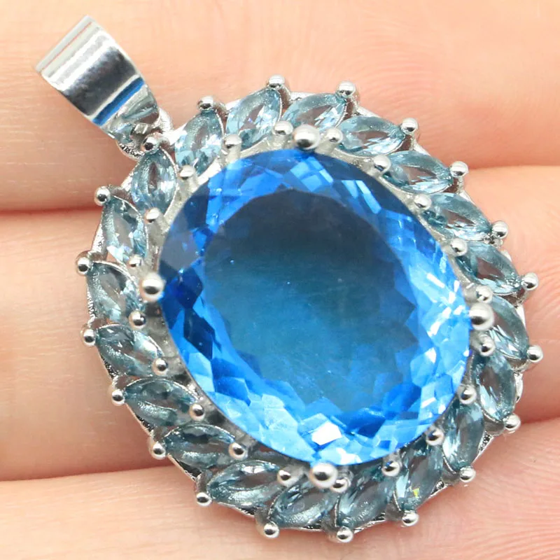 

35x24mm Romantic Big Oval 18x15mm London Blue Topaz Pink Kunzite Woman's Engagement Daily Wear 925 Sterling Silver Pendant