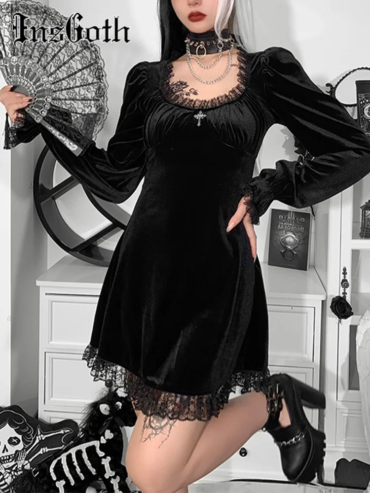 

InsGoth Black Dress Retro Street Women Gothic Lacework Long Sleeve Tassel Lace Aesthetic Y2k Grunge Exotic Silver Cross Dresses