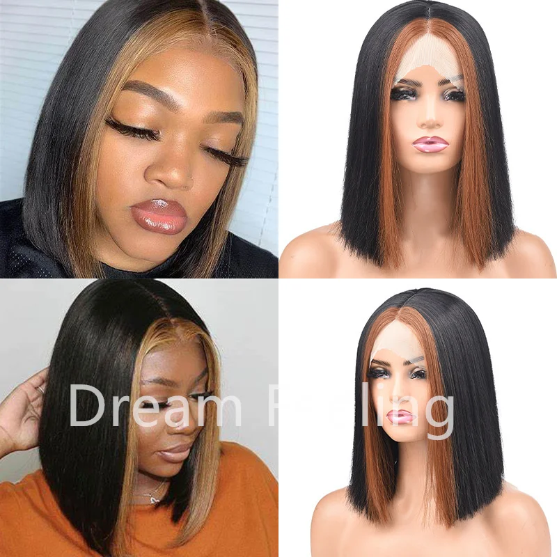 Short Bob Wigs Brown And Black Synthetic Middle Part Wig Straight Fashion Natural Looking Hair Heat Resistant Wig For Daily Part