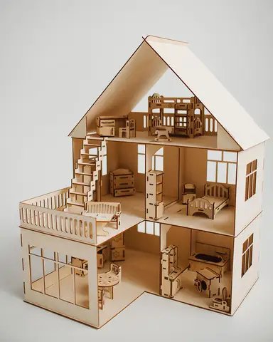 Конструктор из фанеры кукольный домик с верандой 42*39*58 см Деревянный Кукольный дом + подарок