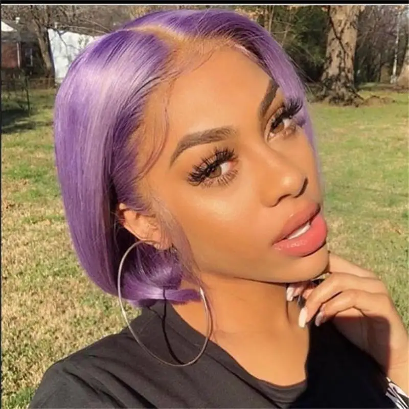 

Short Lilac Bob Human Hair Lace Front Wigs Preplucked 13x6 Lace Frontal Wigs Free Style Remy Bleached Knots Wigs With Baby hair