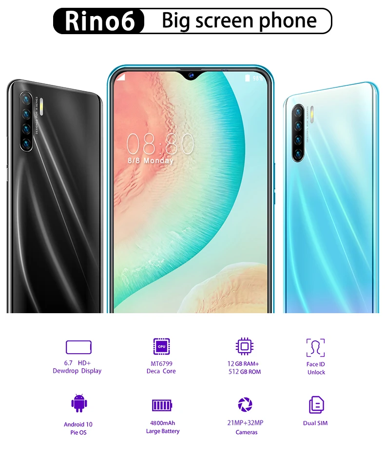 

Newest Rino6 6.7 Inch Smartphones Android10 12GB+512GB 5G LET Face ID 10-Core Cellphones MTK6799 Dual SIM Card Mobile Phone