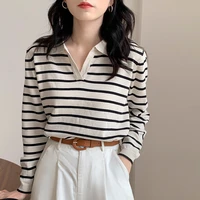 striped sweater women fall 2022 casual basic long sleeve v neck vintage pullovers korean tops elegant office jumpers