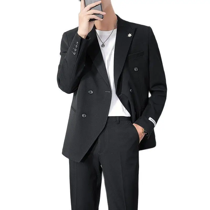 Men's Suits & Blazers 2021(Jacket +Pant) Black Korean Style Slim-fit Double-breasted Casual Loose Suit Solid Color