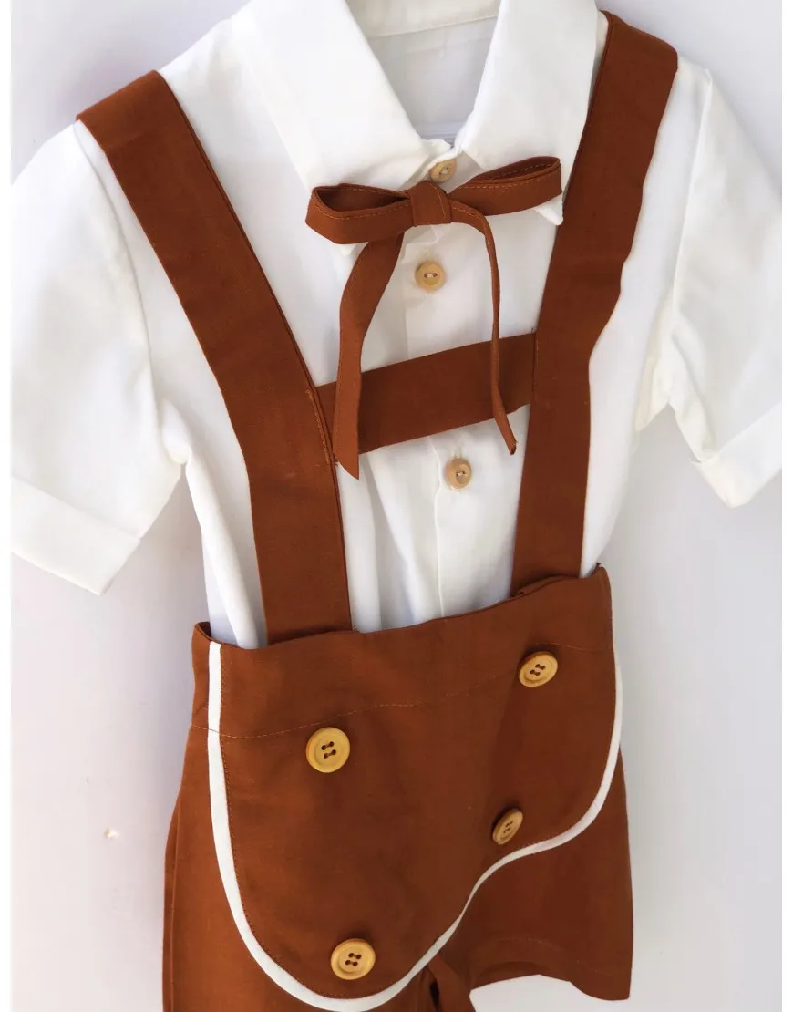 

Coffee Linen Shorts Salopet + White Short-Sleeve Shirt