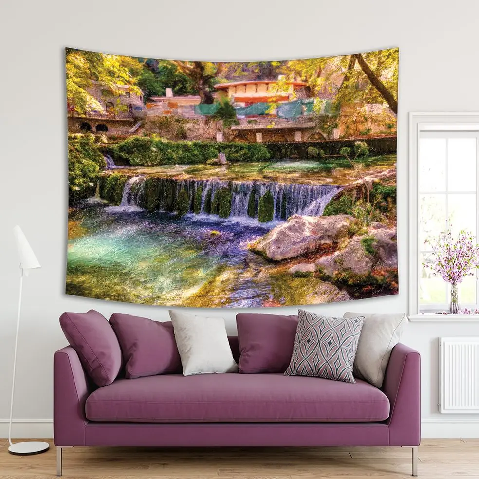 

Tapestry Small Waterfall and House in Forest Countryside Landscape in Green Yellow Oil Painting Style Artwork