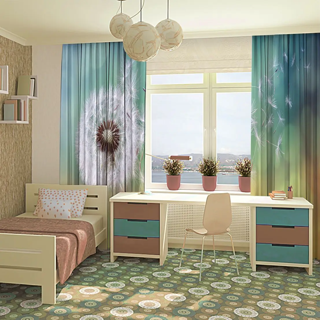 Занавеска семена одуванчика утренний солнечный свет дующий ветер летние дикие