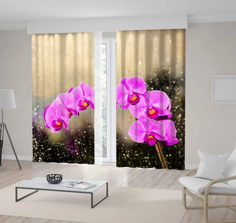 

Curtain Pink Fuchsia Orchid Window by Raindrops on Glass Rainy Day Fresh Flower Plant in Pot Photo Printed