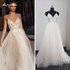 Свадебные платья в стиле бохо 2022, свадебные платья без рукавов, с открытой спиной, на бретельках, с V-образным вырезом, сетчатые кружевные платья до пола с аппликацией