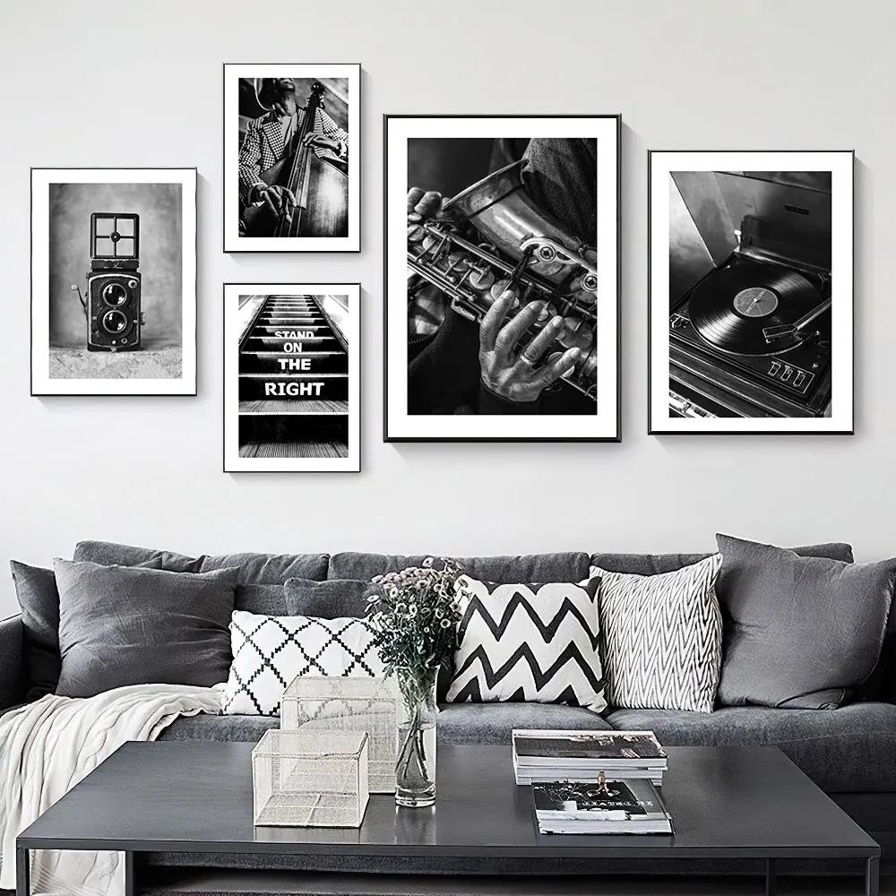 

Vintage Camera Record Player Poster Bass Saxophone Art Print Black White Canvas Painting Wall Picture For Living Room Home Decor