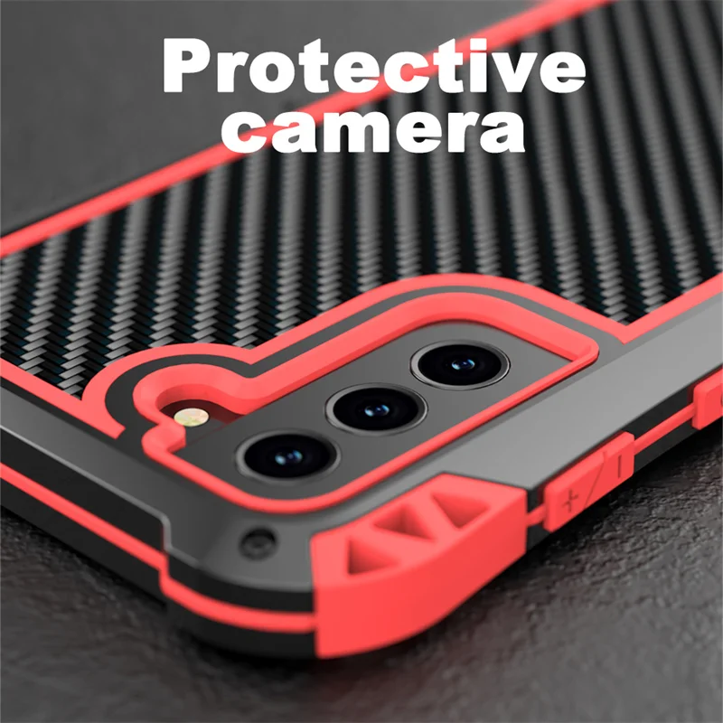 

AMIRA Metal Case For Samsung Galaxy S21 FE Aluminum Anti-Fall Carbon Fiber Shockproof Cover Coque Black Red Color