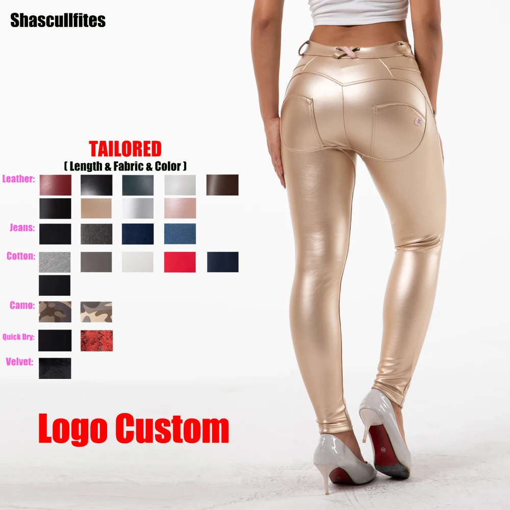 Shascullfites Melody Tailored Pants Women Logo Custom Middle Waist Gold Faux Leather Pants Bum Lift Leather Leggings