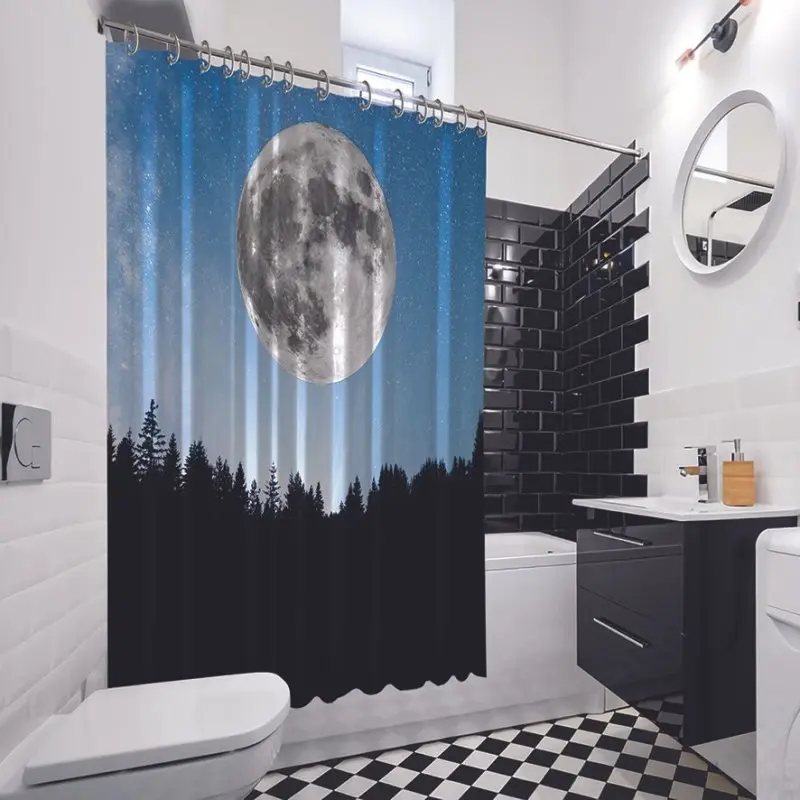 Занавеска для душа Супер Луна звезды Млечный Путь ночной вид с сосновым деревом