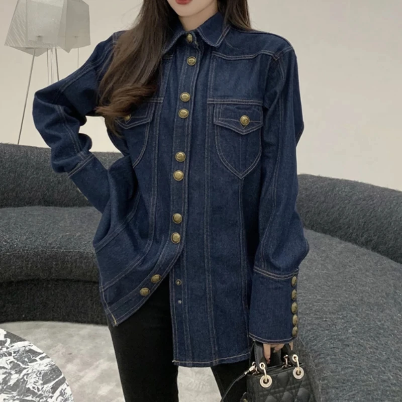 Женская Осенняя Повседневная джинсовая куртка с длинным рукавом однобортная