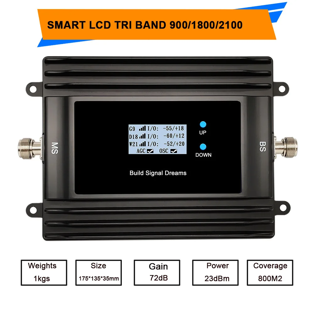 Tri Band 2G 3G 4G Signal Booster  900 1800 2100Mhz GSM Repeater Amplifier Smart LCD Booster+Power Supply Only