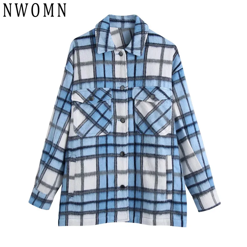 

NWOMN Za Tweed Jackets Women Blue Plaid Jacket Woman 2021 Fall Oversize Cropped Jacket Fashion Pocket Long Sleeve Button Jacket