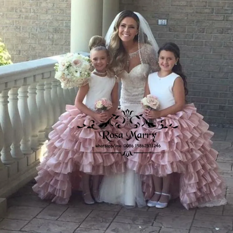 

Pink Cupcake Flower Girl Dresses for Weddings 2021 Ball Gown Tiered Organza Skirt First Communion Pageant Birthday Party Gowns