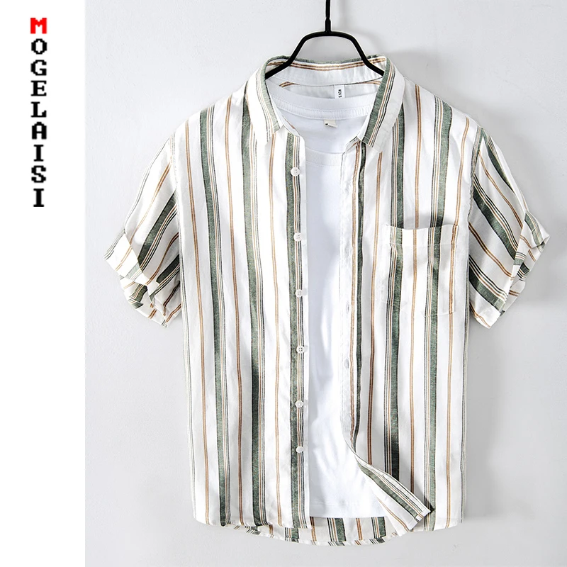 

Fashion linen shirt men short sleeve Striped shirt summer Breathable pocket tops for man clothing casual shirt Asian size 887