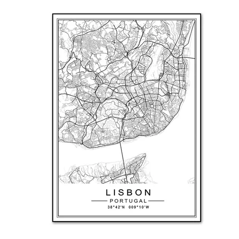 Минималистичная городская Лиссабон, карта Лондона, дорожная Картина на холсте, черные и белые настенные картины, плакаты, принты для гостиной, домашний декор