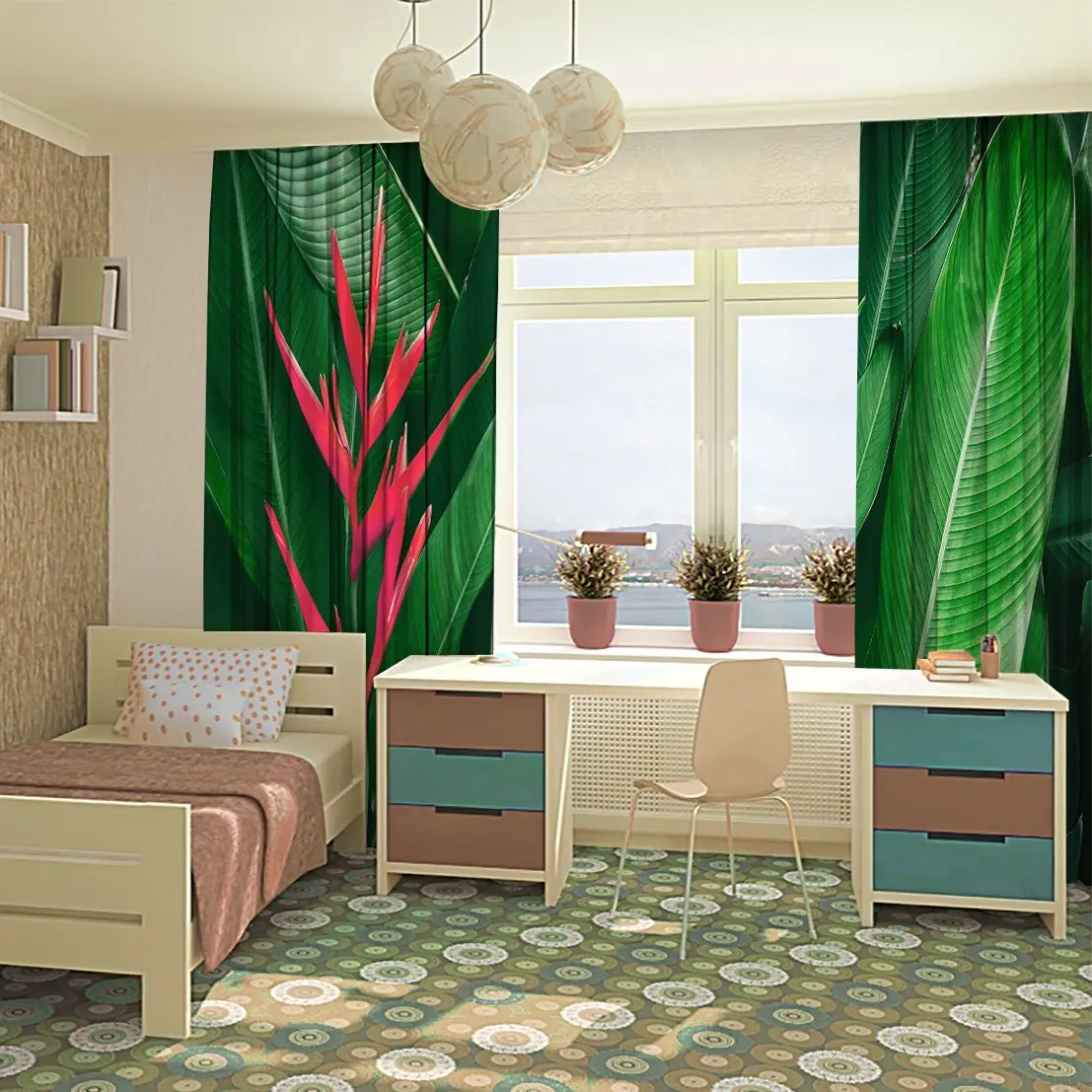 Занавеска экзотический цветок цветет тропическая листва лес большой лист