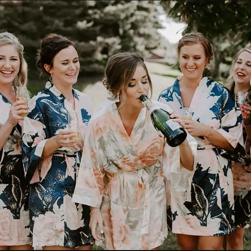 

Bridal Party Robes Bridesmaid Proposal Satin Robes Peony Floral Kimonos For Bridesmaids Women's Dressing Gown Wedding Day Kimono