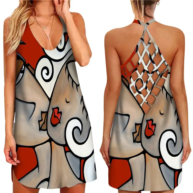 

2022 Summer Abstract Face Art Print Dresses for Women Sexy Criss-Cross Open Back Halter Dress Female Party Sleeveless Mini Dress