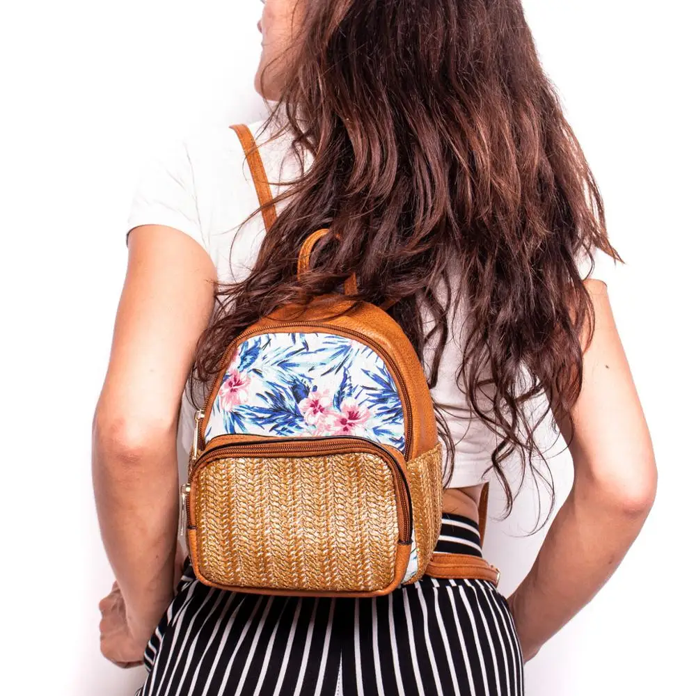 Женский рюкзак тканый в коричневом соломенном стиле с цветочным узором
