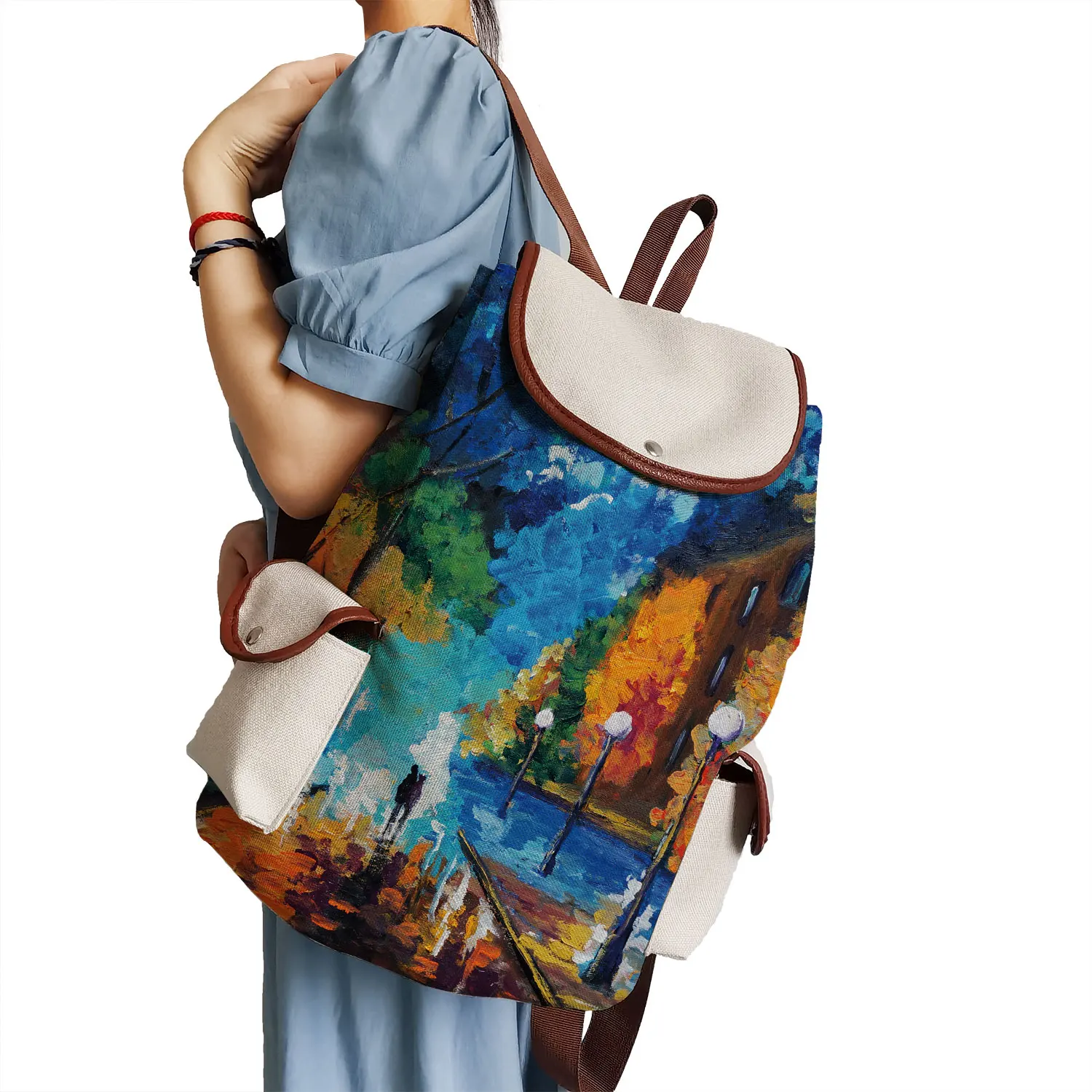 

Fashion Oil Painting Print Book Bag Art Landscape Backpack For Teenager Large Capacity Backpack Linen New Trend Girls School Bag