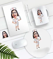 personalized nurse caricature of notebook pen mug mouse pad seti 1