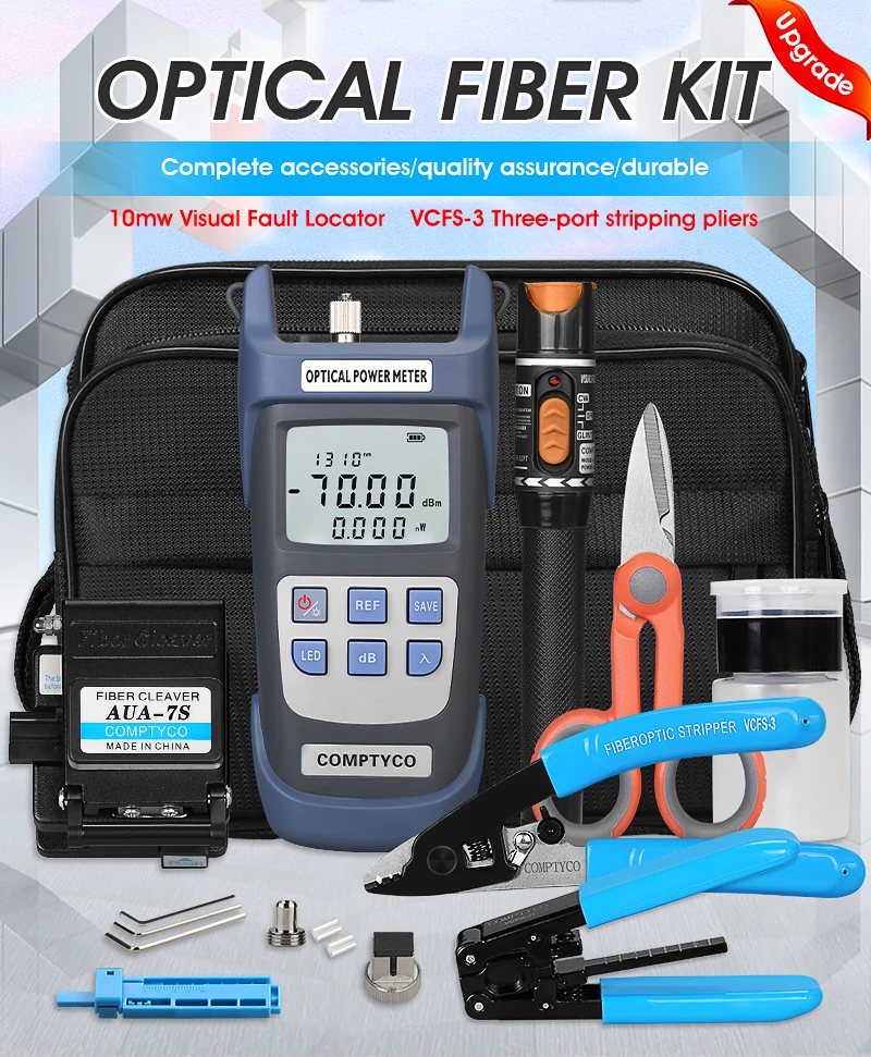 Free ship COMPTYCO FTTH Fiber Optic Tool Kit with Fiber Fibra Optica Power Meter and 10mW Visual Fault Locator AUA-7S FTTH tool