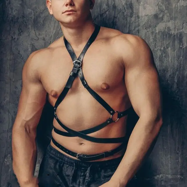 

Waist Wrapped Leather Men's Fancy Wear, V Line Collar Attached Chest Accessory, Gay Fetish Wraparound - PNTM18